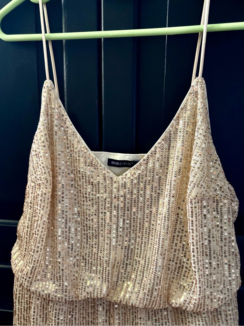 Double Crazy Sequined Gold Spaghetti Strap Romper with attached Shorts - Picture 5 of 7